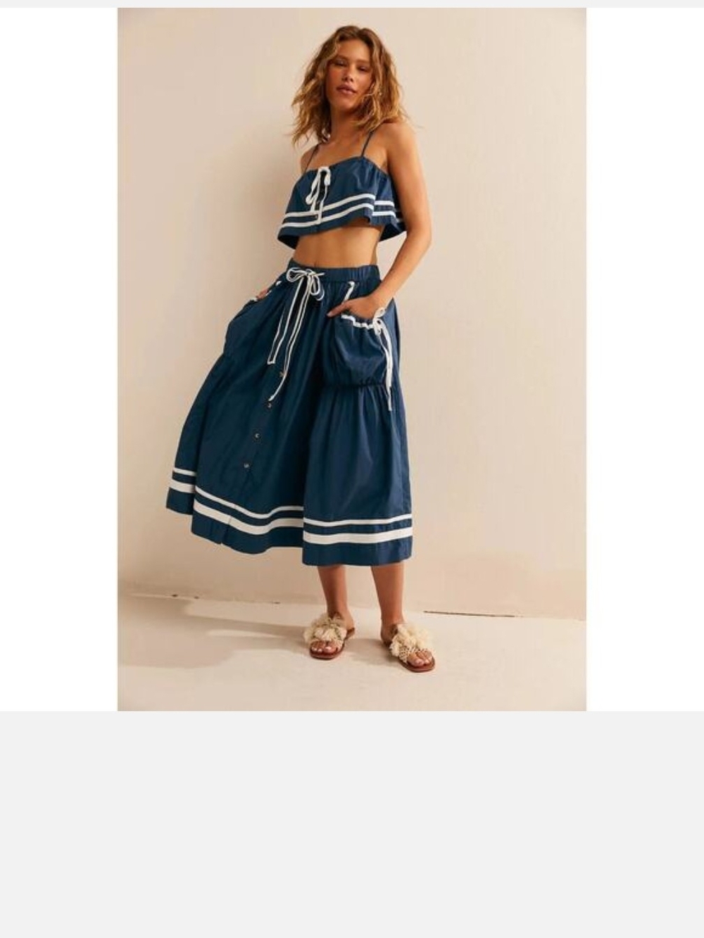 Navy Tiered Midi Skirt with White Trim